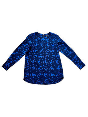 DKNY Royal Blue Black Flora Flower Silk Blend Blouse Long Sleeve Knit Top S